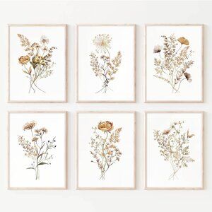 Watercolor Flower Wall Art Set of 6 Botanical Wildflower Wall Decor Boho Neutral